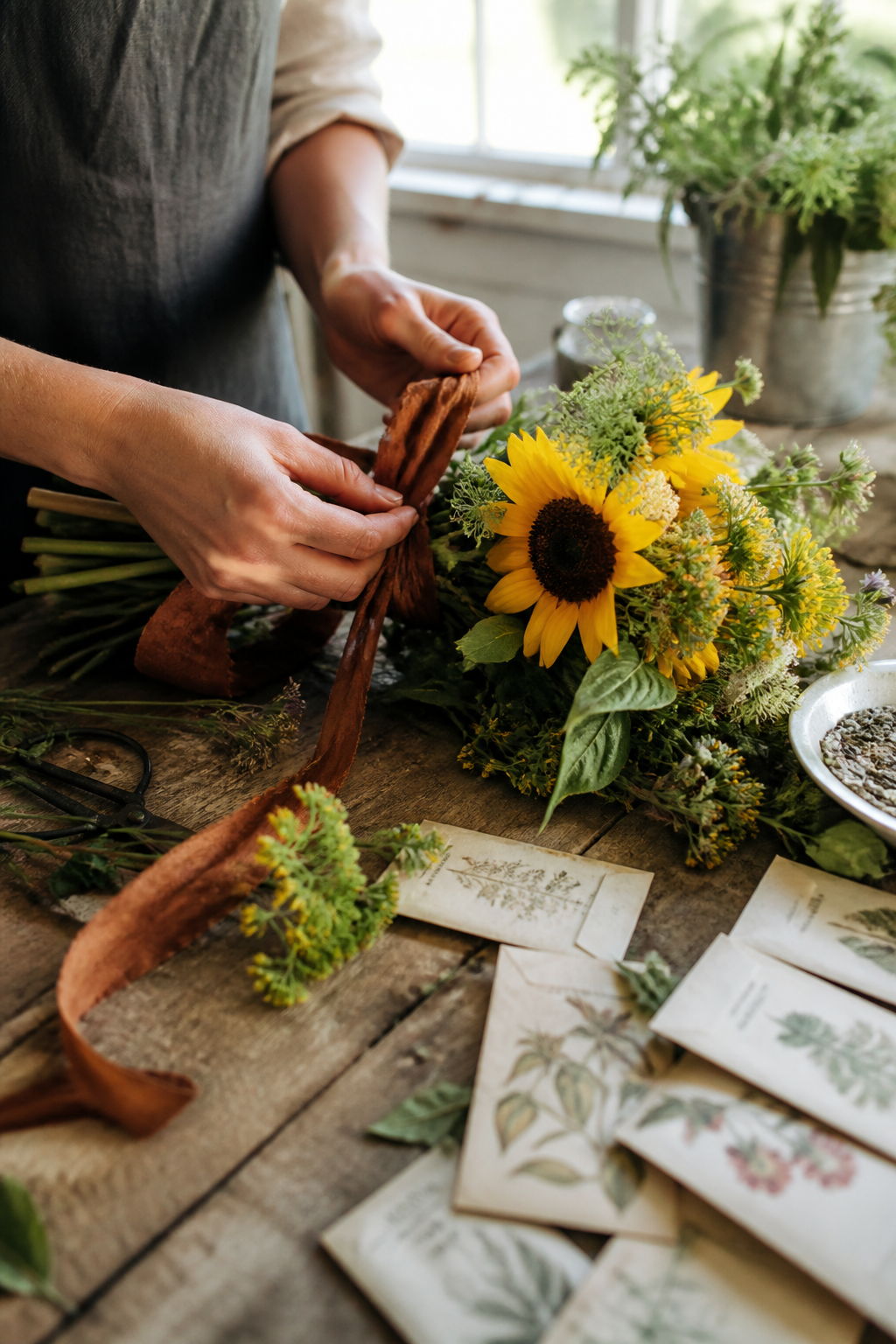 Hands tying sunflowers and wild herbs with linen ribbon