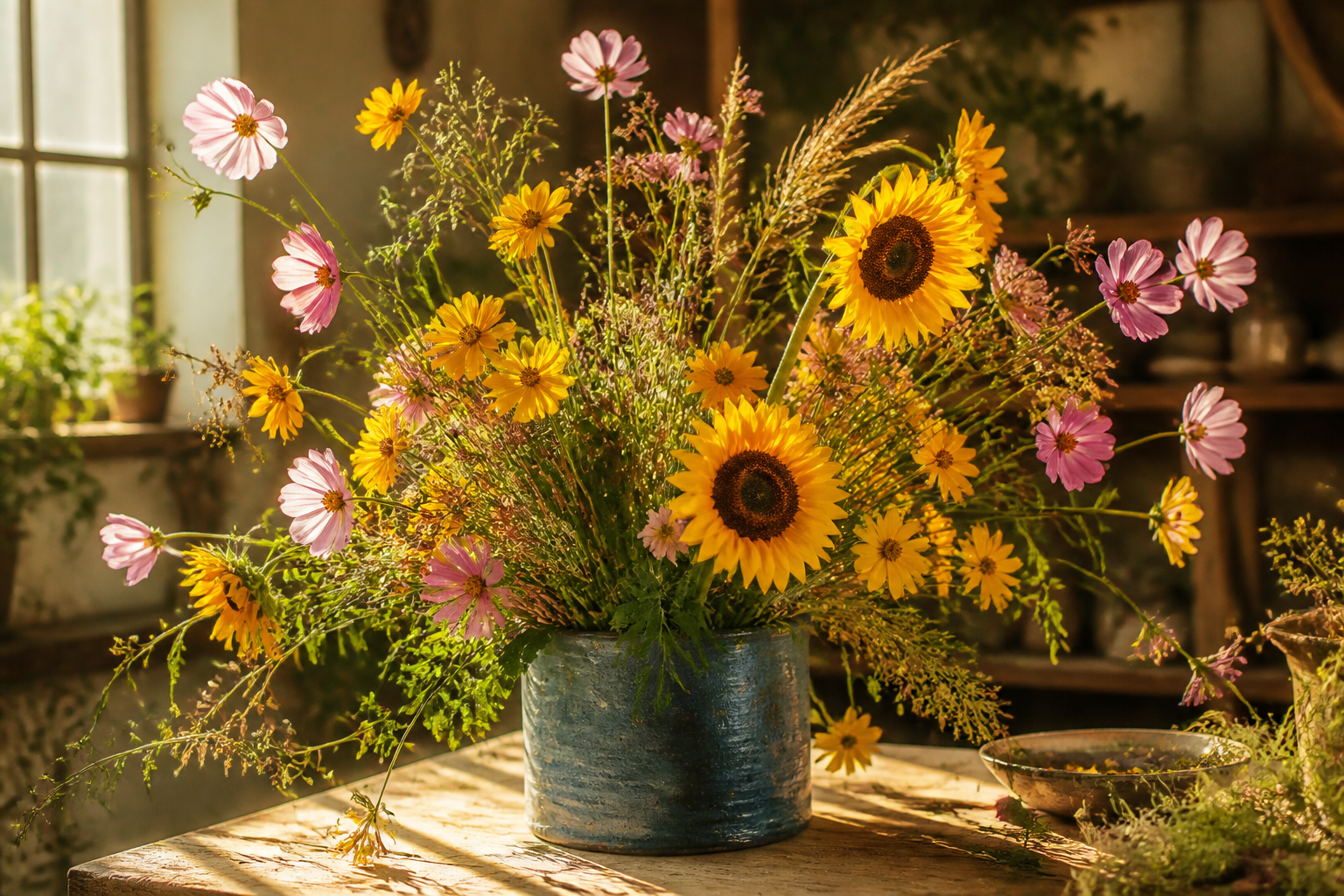 Sunflowers and wildflowers in a blue ceramic vessel